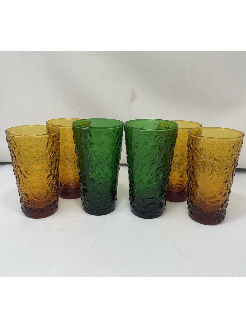 Anchor Hocking Lido Milano Emerald Green Crinkle Honey Gold Tumbler Set of 6